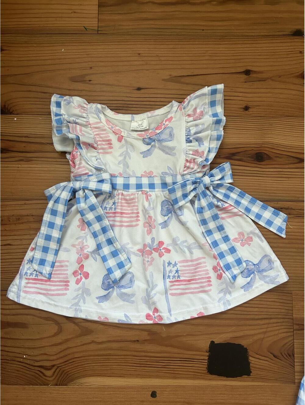 Red, White, Blue Gingham Print Girls Set 95% Cotton 5% Spandex Size 6-12 Months